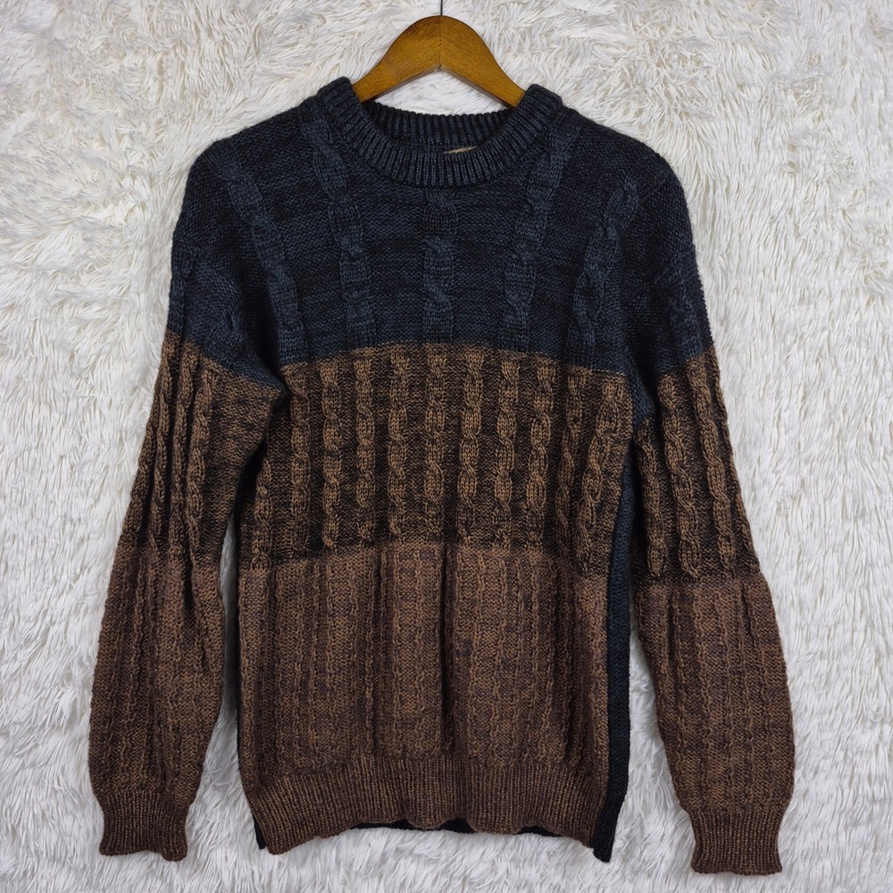 Vtg Jordache Mohair Blend Cable Knit Color Block Sweater Mens Medium Navy